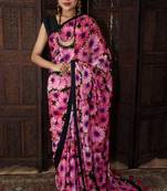 Unitex Fashion pink Semi Crepe digital floral printed saree