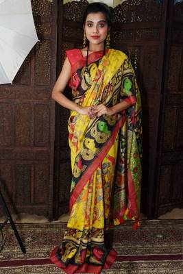 Unitex Fashion yellow Tussar Silk Digital Kalamkari Printed Saree 1
