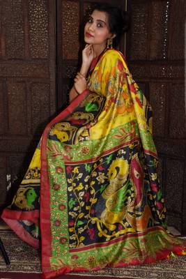 Unitex Fashion yellow Tussar Silk Digital Kalamkari Printed Saree 2