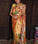 Unitex Fashion Orange Tassar silk digital kalamkari printed saree