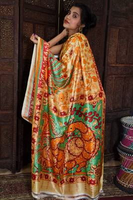 Unitex Fashion Orange Tassar silk digital kalamkari printed saree 2