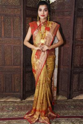Unitex Fashion Yellow Linen Digital Kalamkari Printed Saree 2