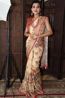 Unitex Fashion cream Linen digital kalamkari printed saree 1