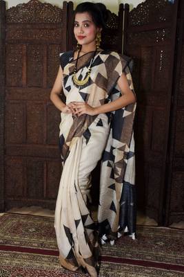 Unitex Fashion White Moonga Silk digital geometric print saree 1