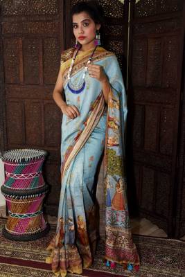 Unitex Fashion blue  Linen Digital kalamkari printed saree 1