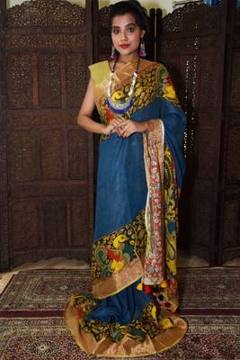 Unitex Fashion Blue Linen Digital kalamkari printed saree 1