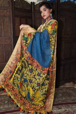 Unitex Fashion Blue Linen Digital kalamkari printed saree 2