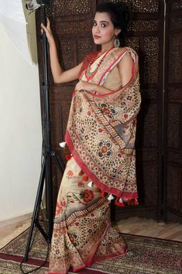 Unitex Fashion Cream Linen digital kalamkari printed saree 2