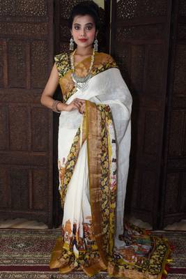 Unitex Fashion White Linen digital kalamkari printed saree 1