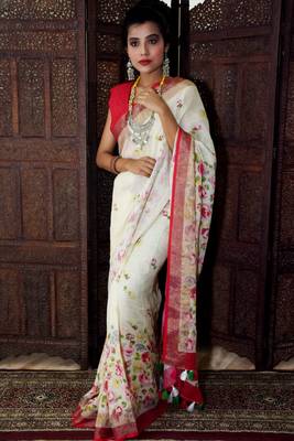 Unitex Fashion  White Linen digital floral printed saree 2