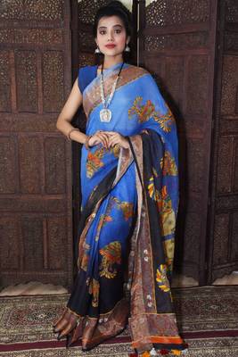 Unitex Fashion Blue Linen Digital kalamkari printed saree 1