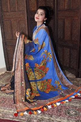 Unitex Fashion Blue Linen Digital kalamkari printed saree 2