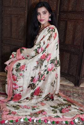 Unitex Fashion white Silk Linen Floral digital printed saree 1