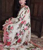 Unitex Fashion white Silk Linen Floral digital printed saree