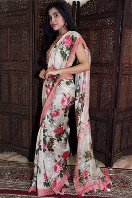 Unitex Fashion white Silk Linen Floral digital printed saree 2