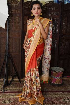 Unitex Fashion red Linen digital Kalamkari Printed Saree 1