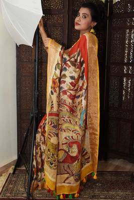Unitex Fashion red Linen digital Kalamkari Printed Saree 2