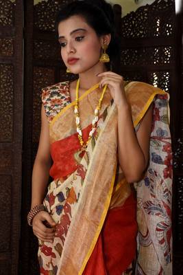 Unitex Fashion red Linen digital Kalamkari Printed Saree 3