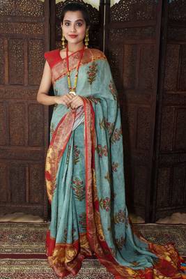 Unitex Fashion Blue Linen digital kalamkari printed saree 1
