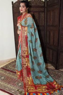 Unitex Fashion Blue Linen digital kalamkari printed saree 2