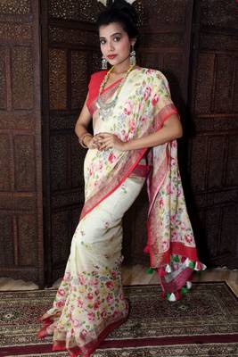 Unitex Fashion Organic Linen White Digital Floral Printed Saree 1
