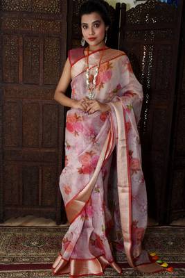Unitex Fashion Pink Organza floral printed saree 2