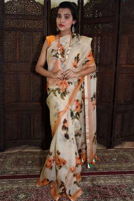 Unitex Fashion White Organza floral printed saree 1