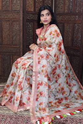 Unitex Fashion White Organza floral printed saree 1