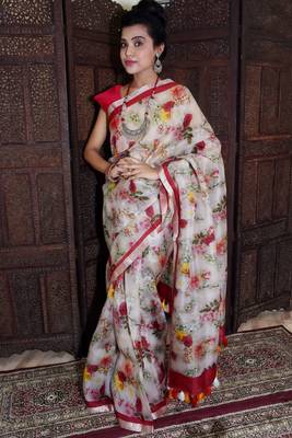 Unitex Fashion White Organza floral printed saree 1
