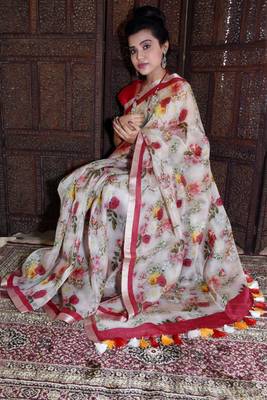 Unitex Fashion White Organza floral printed saree 2