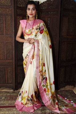 Unitex Fashion White Tussar silk digital floral printed saree 1