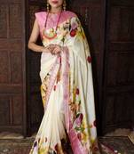Unitex Fashion White Tussar silk digital floral printed saree