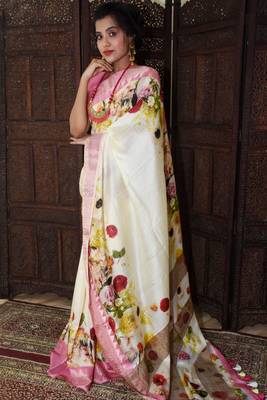 Unitex Fashion White Tussar silk digital floral printed saree 2