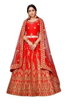 Red embroidered satin semi stitched lehenga