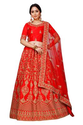 Red embroidered satin semi stitched lehenga 1
