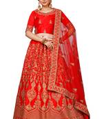 Red embroidered satin semi stitched lehenga
