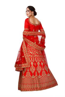 Red embroidered satin semi stitched lehenga 2