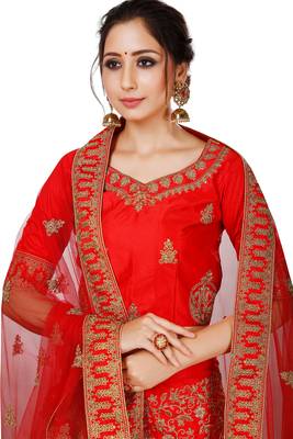 Red embroidered satin semi stitched lehenga 3