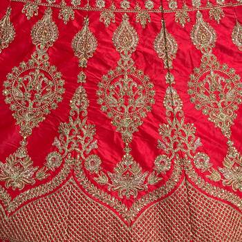 Red embroidered satin semi stitched lehenga 4