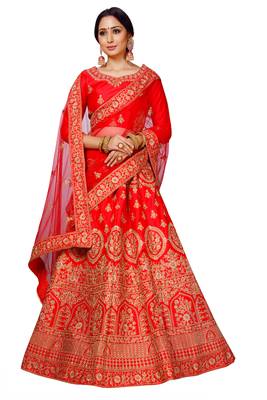 Red embroidered satin semi stitched lehenga 1