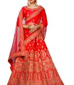 Red embroidered satin semi stitched lehenga