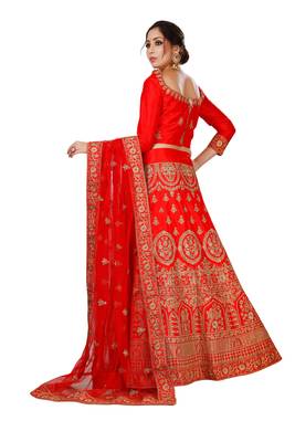 Red embroidered satin semi stitched lehenga 2