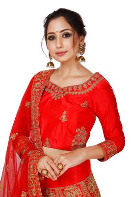 Red embroidered satin semi stitched lehenga 3