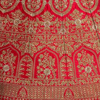 Red embroidered satin semi stitched lehenga 4