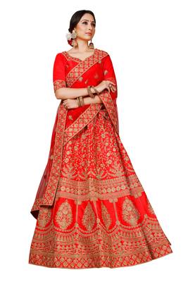 Red embroidered satin semi stitched lehenga 1