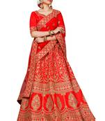 Red embroidered satin semi stitched lehenga