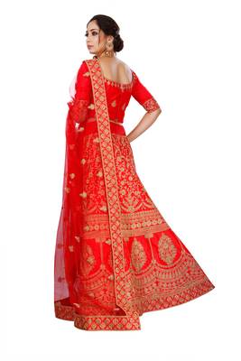 Red embroidered satin semi stitched lehenga 2