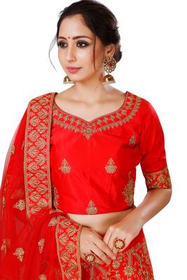 Red embroidered satin semi stitched lehenga 3