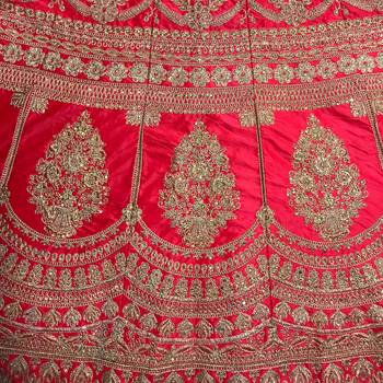 Red embroidered satin semi stitched lehenga 4