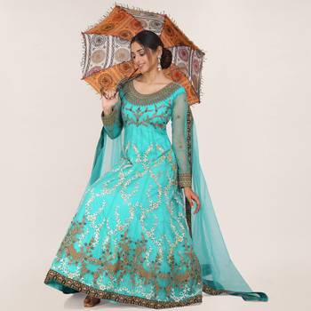 Turquoise embroidered net salwar 1